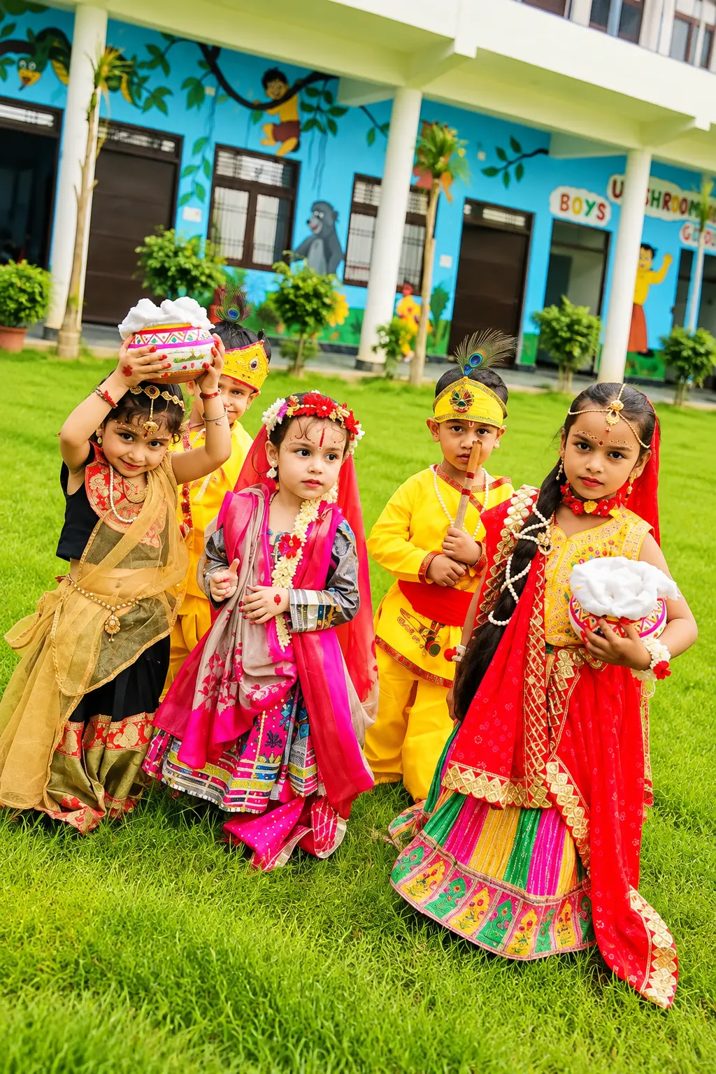 Students dressed as Radha and Krishna for the Janmashtami celebration