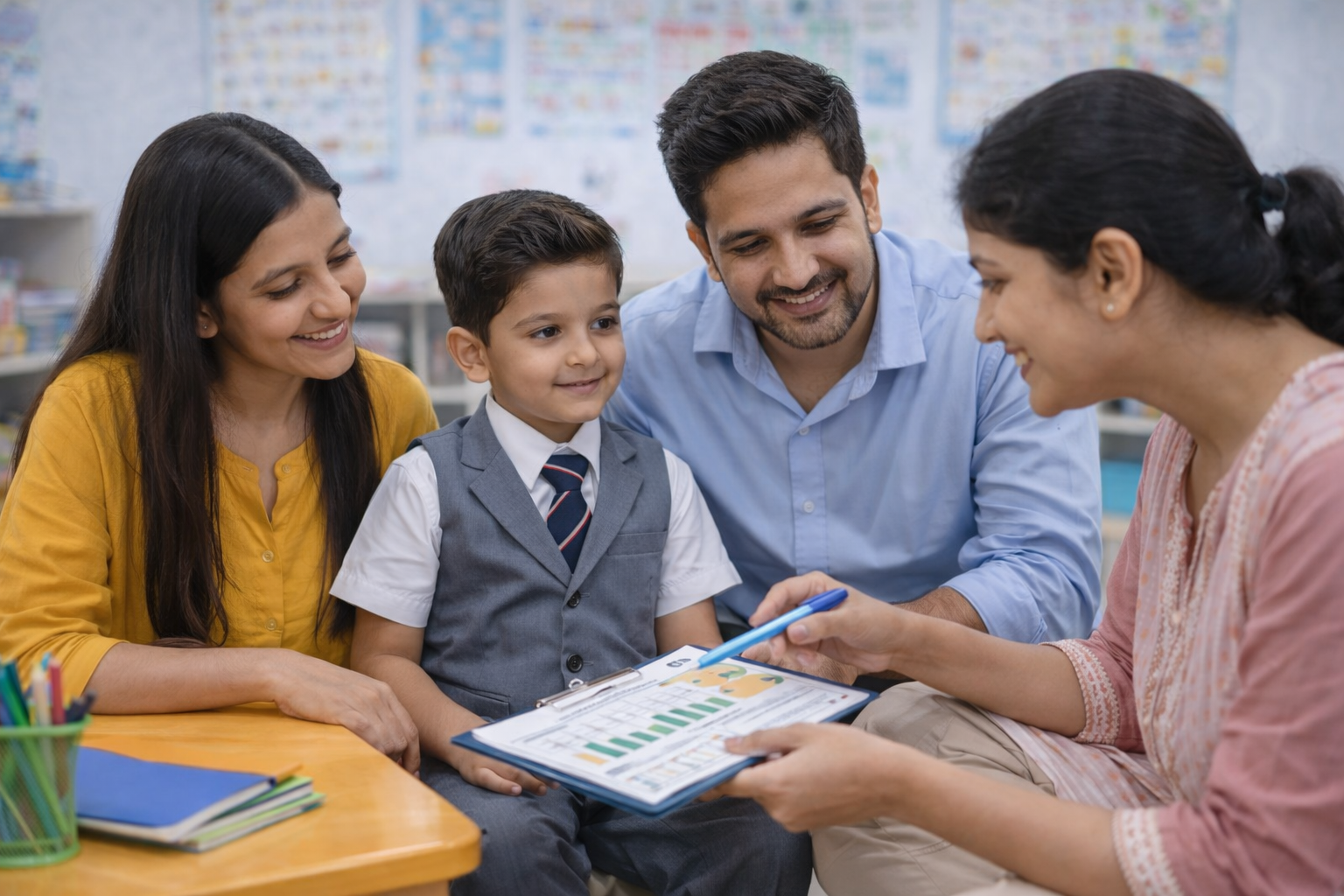 Teacher with parents and child